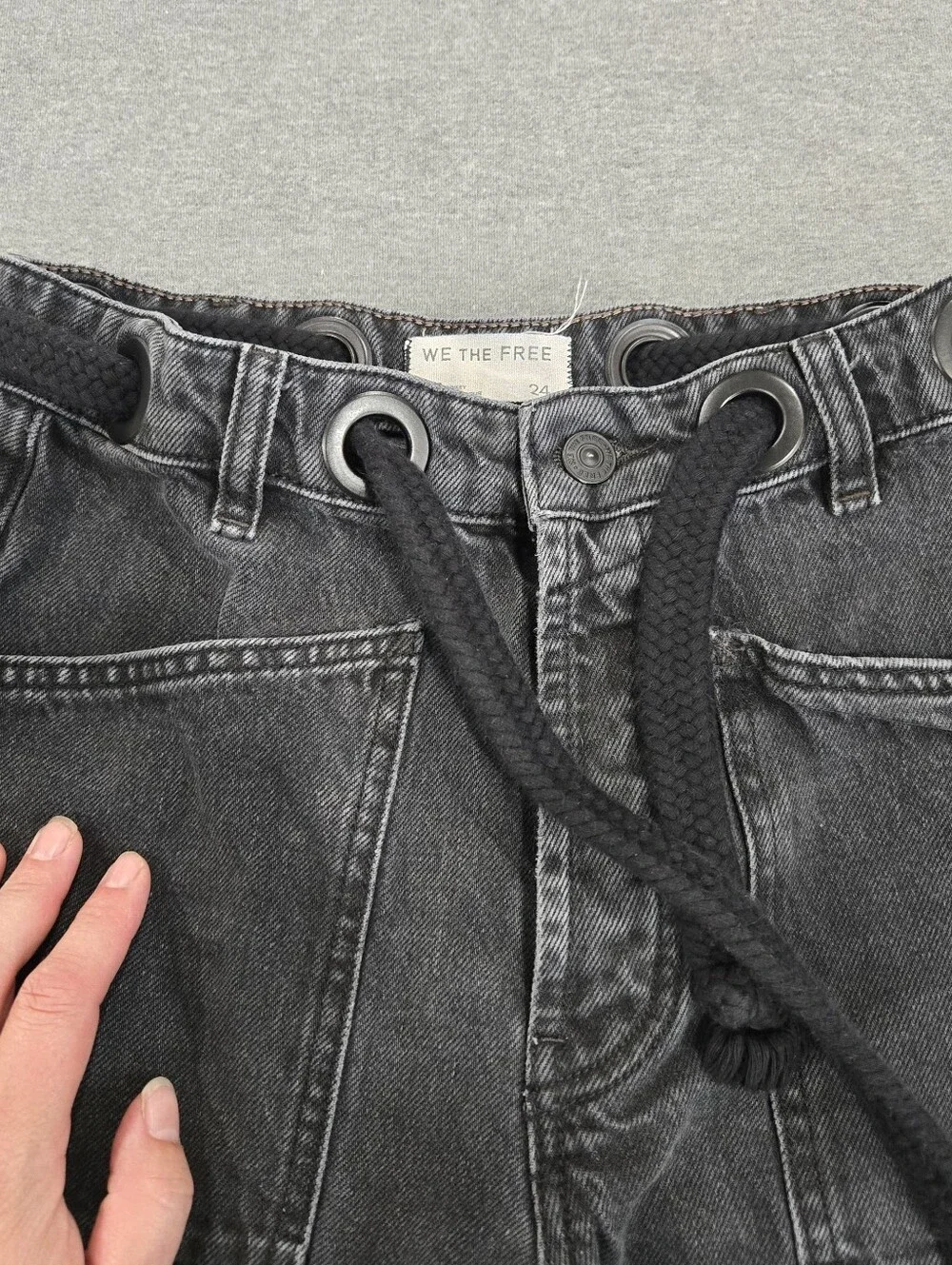 Free People We The Free Moxie Barrel Jeans Size 24 Night Hawk Low Rise Patchwork